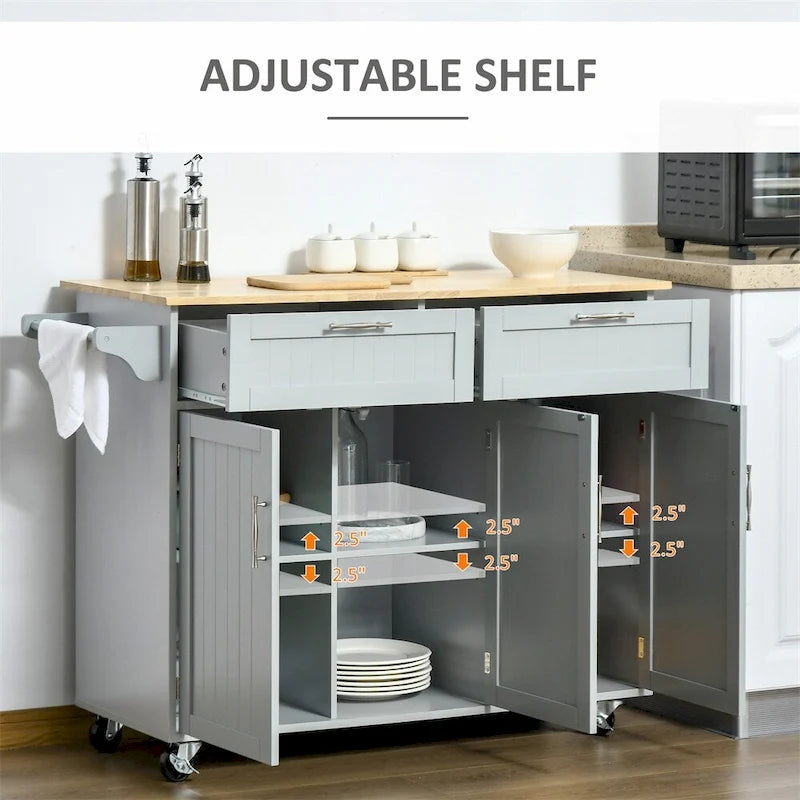 Isola da cucina mobile in legno naturale con 2 cassetti, 3 ante e ripiani regolabili su ruote