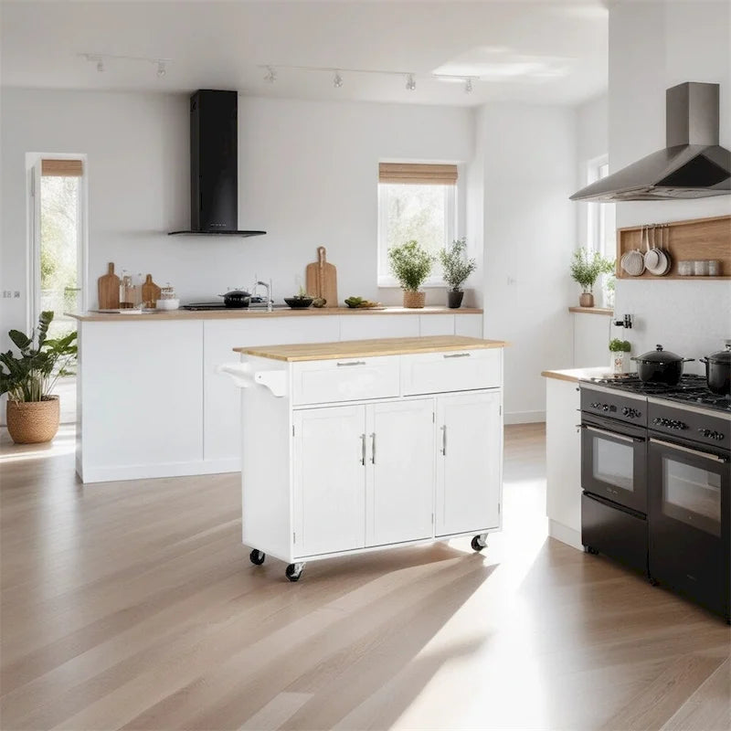 Isola da cucina mobile in legno naturale con 2 cassetti, 3 ante e ripiani regolabili su ruote