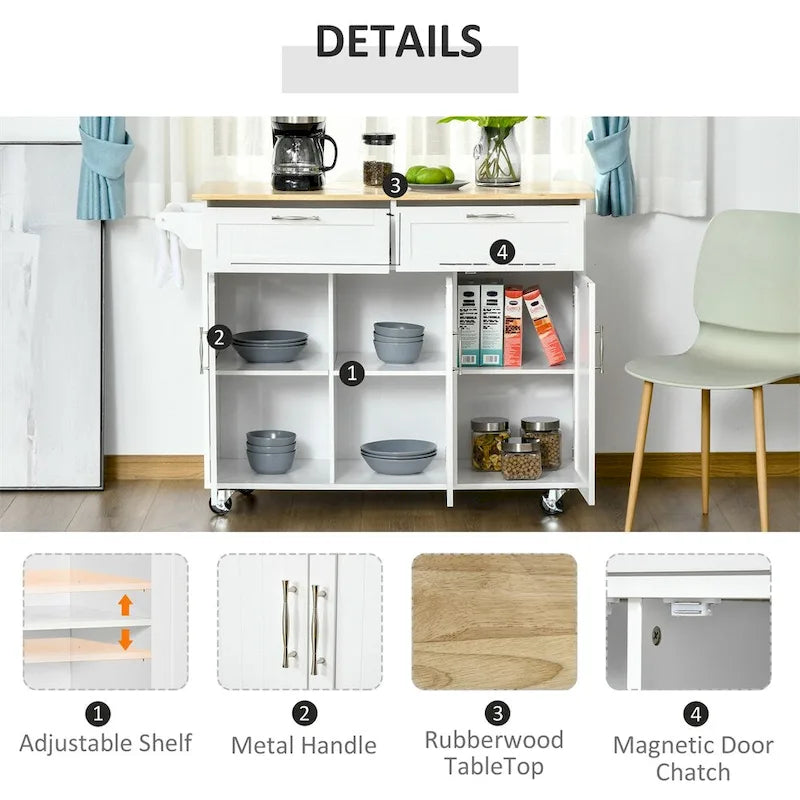 Isola da cucina mobile in legno naturale con 2 cassetti, 3 ante e ripiani regolabili su ruote