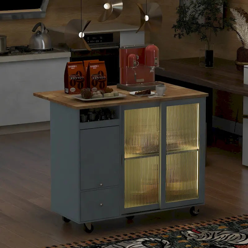 Kitchen Island Cart with Drop-Leaf Surface, LED Lighting, Fluted Glass Doors, Adjustable Shelf, and Two Drawers