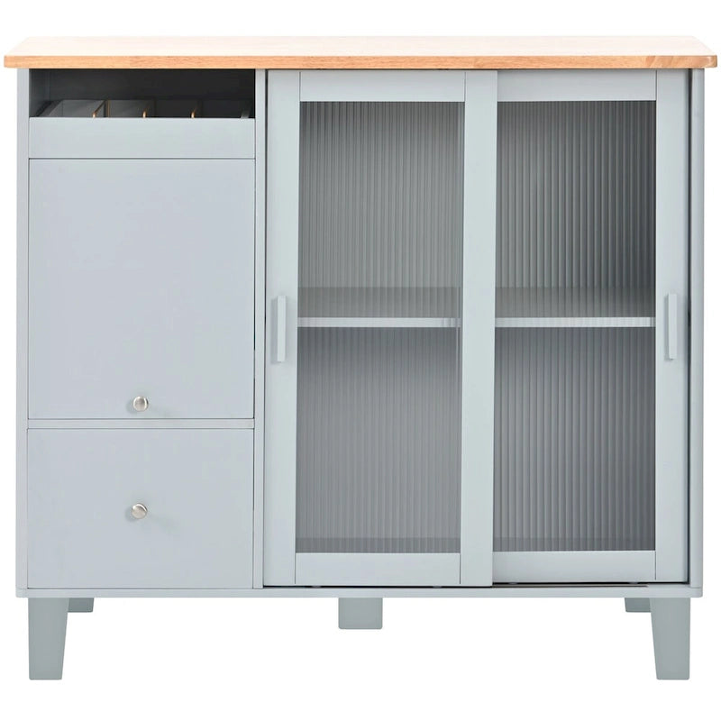 Kitchen Island Cart with Drop-Leaf Surface, LED Lighting, Fluted Glass Doors, Adjustable Shelf, and Two Drawers