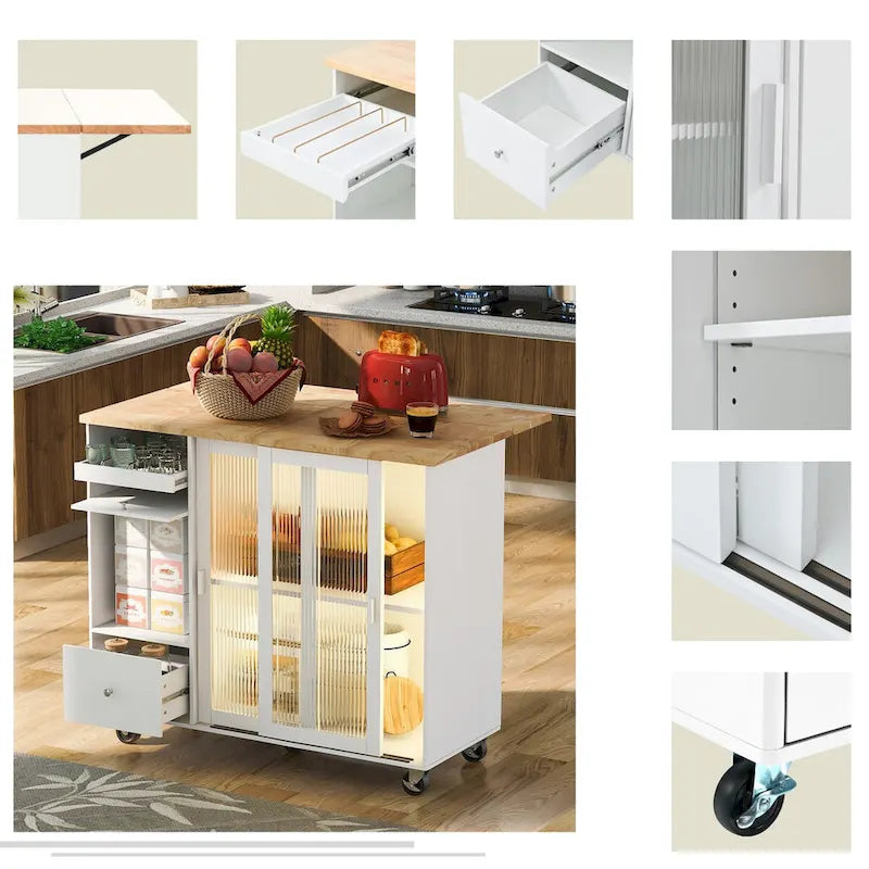Kitchen Island Cart with Drop-Leaf Surface, LED Lighting, Fluted Glass Doors, Adjustable Shelf, and Two Drawers