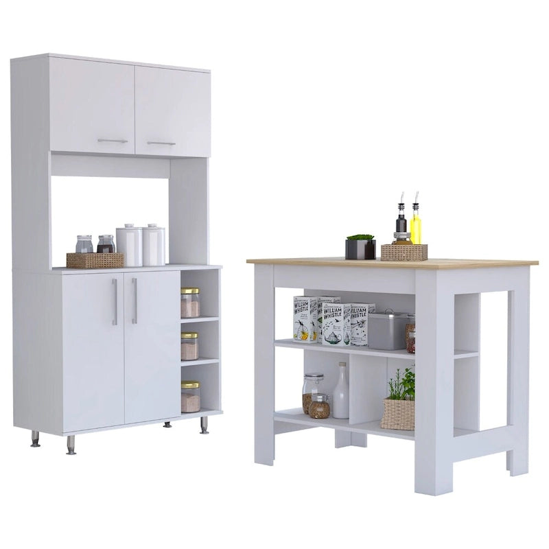 7-regaliges 4-türiges 2-teiliges Küchen-Set, Kücheninsel und Vorratsschrank in Weiß und heller Eiche