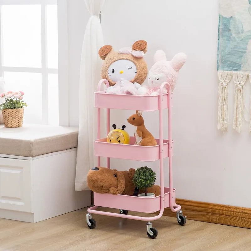 Carrello portaoggetti in metallo rosa a 3 ripiani, organizzatore su ruote