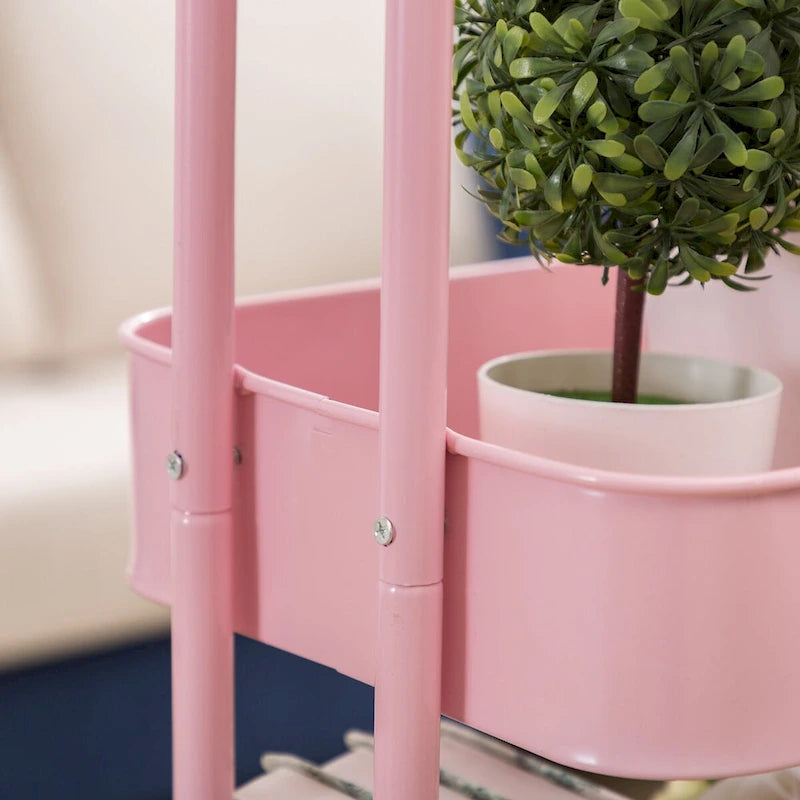 Pink 3-Tier Metal Cart Storage Shelves Organizer Trolley Cart with Wheels