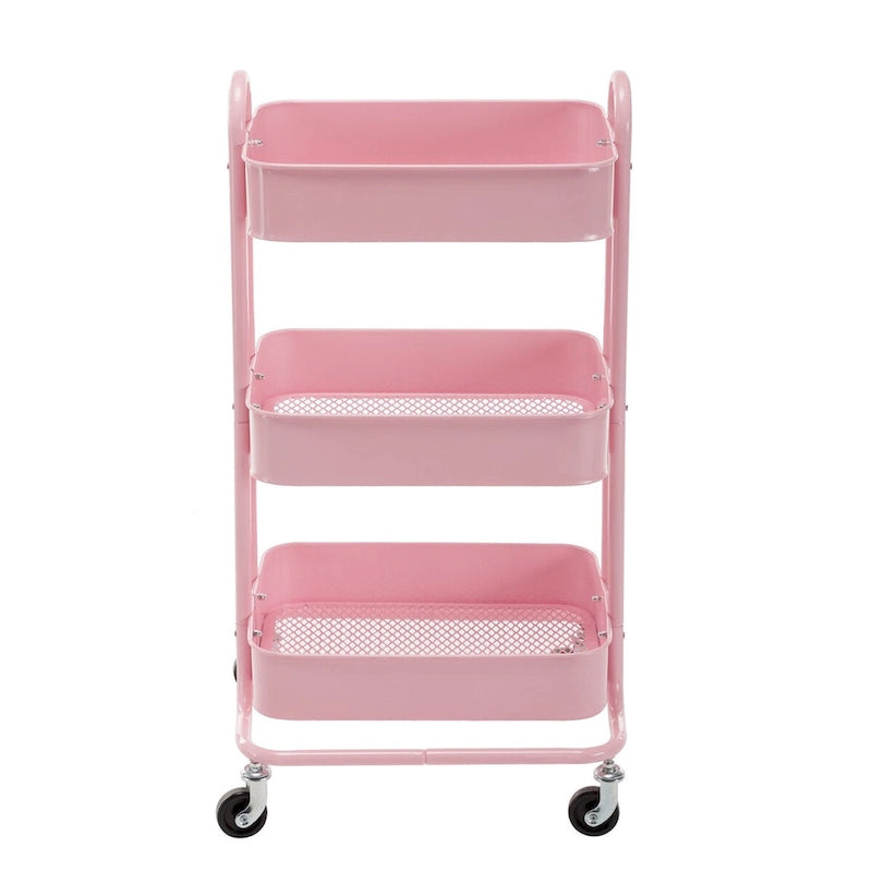 Pink 3-Tier Metal Cart Storage Shelves Organizer Trolley Cart with Wheels