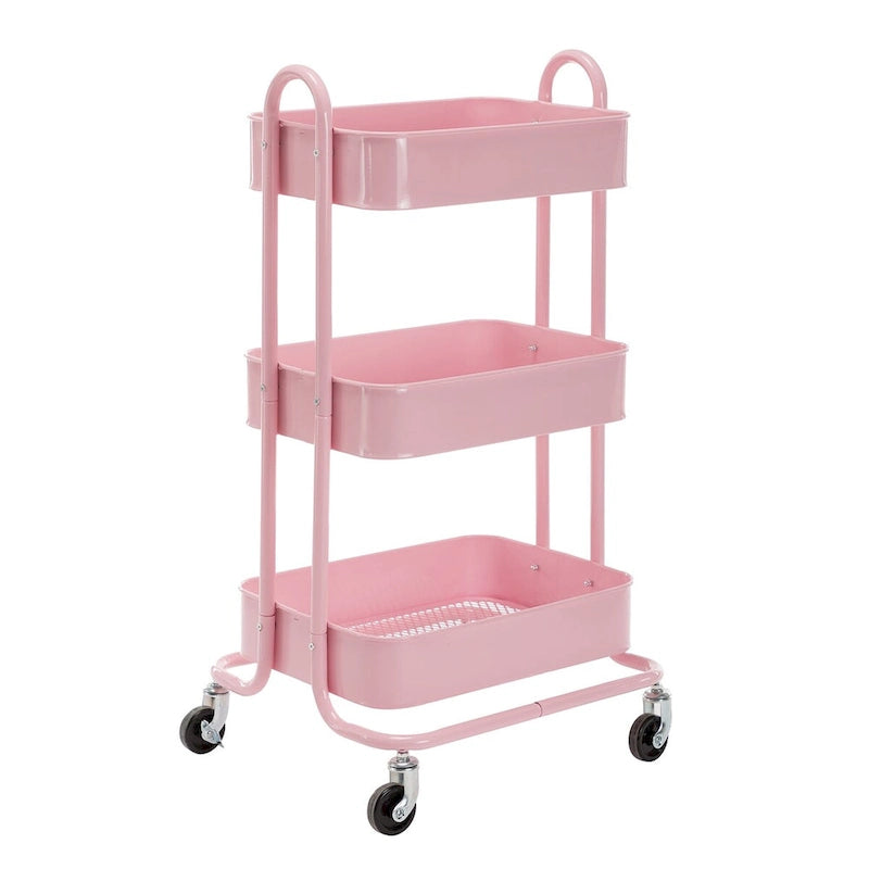 Pink 3-Tier Metal Cart Storage Shelves Organizer Trolley Cart with Wheels