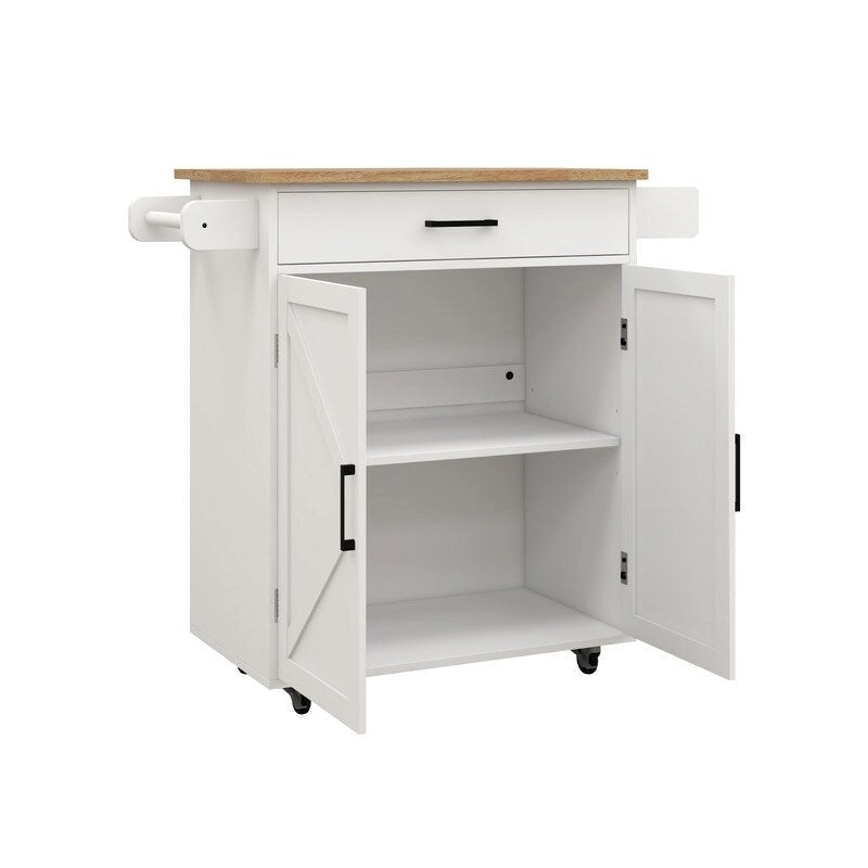 Carrello isola da cucina con ripiani regolabili e piano in legno di hevea